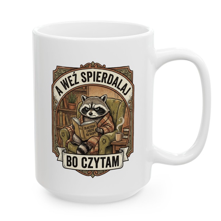 Kubek z nadrukiem „A weź spierdalaj, bo czytam” z szopem dla czytelnika | Wręcz Wspaniale