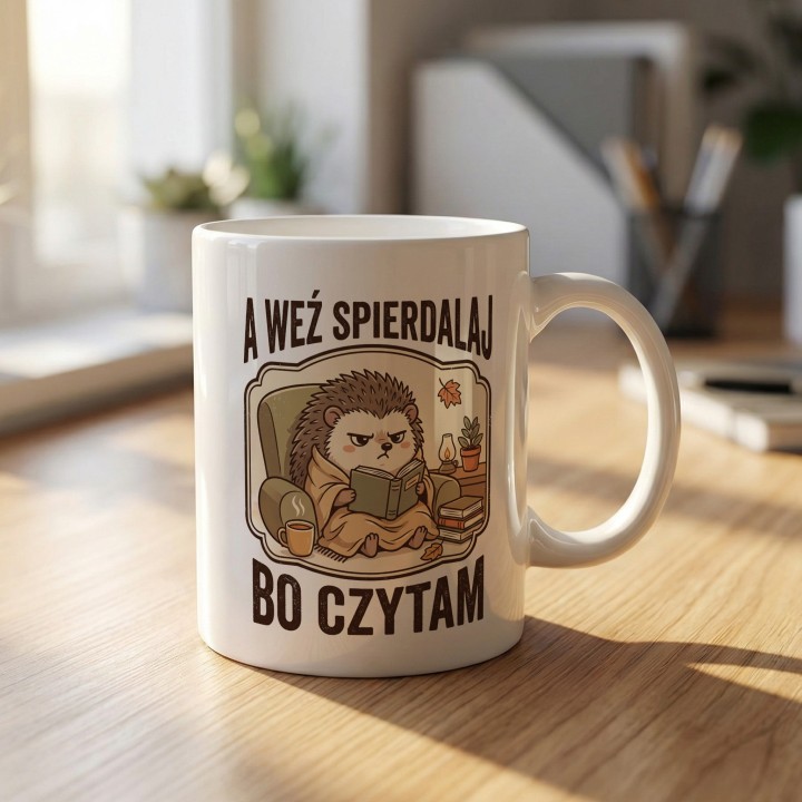 Kubek z nadrukiem dla miłośnika czytania, z kolczastym jeżem i bezpośrednim hasłem.
