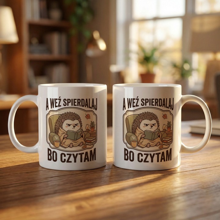 Kubek z zabawnym napisem „A weź spierdalaj, bo czytam” dla osób lubiących książki i spokój.