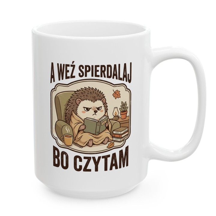 Kubek z nadrukiem „A weź spierdalaj, bo czytam” z jeżem dla czytelnika | Wręcz Wspaniale