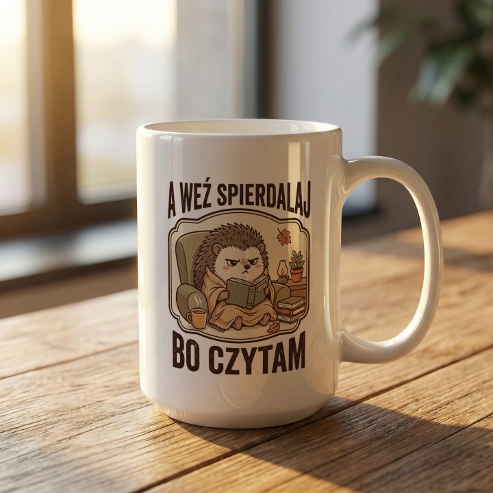 Kubek z nadrukiem „A weź spierdalaj, bo czytam” z jeżem dla czytelnika | Wręcz Wspaniale