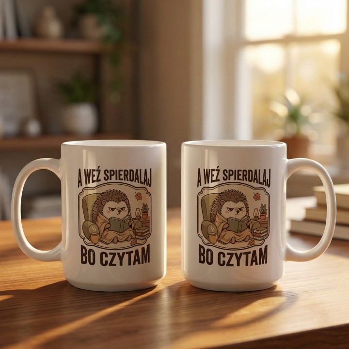 Kubek z nadrukiem „A weź spierdalaj, bo czytam” z jeżem dla czytelnika | Wręcz Wspaniale