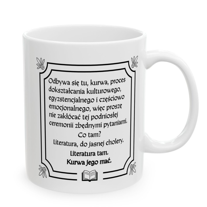Kubek z nadrukiem literackim dla czytelnika z mocnym humorem | Wręcz Wspaniale