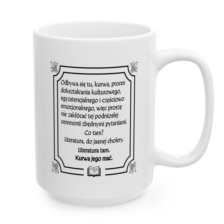 Kubek z nadrukiem literackim dla czytelnika z mocnym humorem | Wręcz Wspaniale