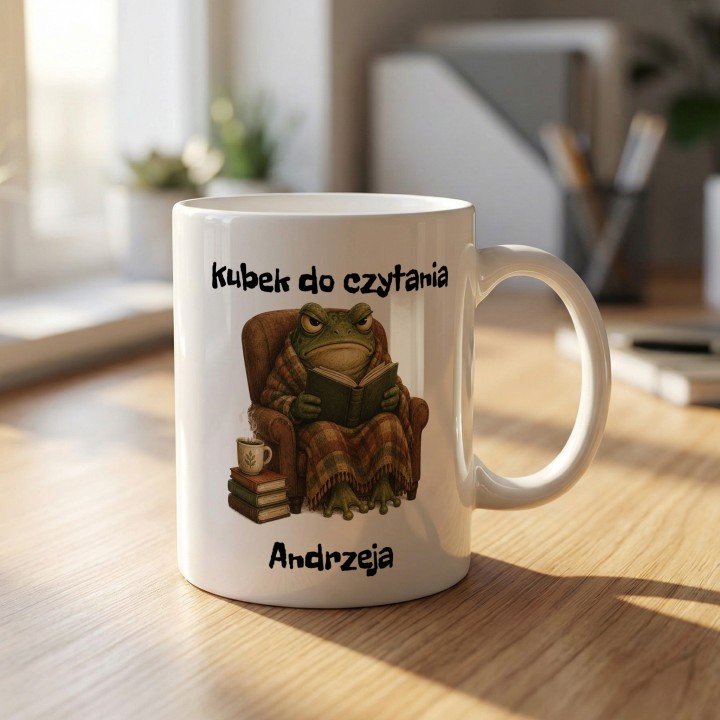 Kubek personalizowany do czytania z własnym tekstem i zabawną żabą.