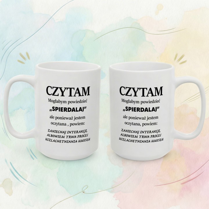 Kubek z nadrukiem „Czytam” dla czytelnika z ironicznym tekstem | Wręcz Wspaniale