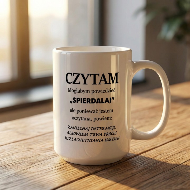 Kubek z nadrukiem „Czytam” dla czytelnika z ironicznym tekstem | Wręcz Wspaniale