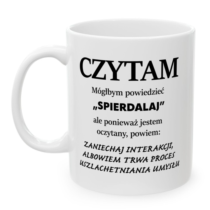 Kubek z nadrukiem „Czytam” dla czytelnika z ironicznym tekstem | Wręcz Wspaniale
