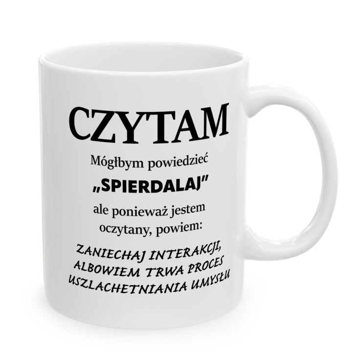 Kubek z nadrukiem „Czytam” dla czytelnika z ironicznym tekstem | Wręcz Wspaniale