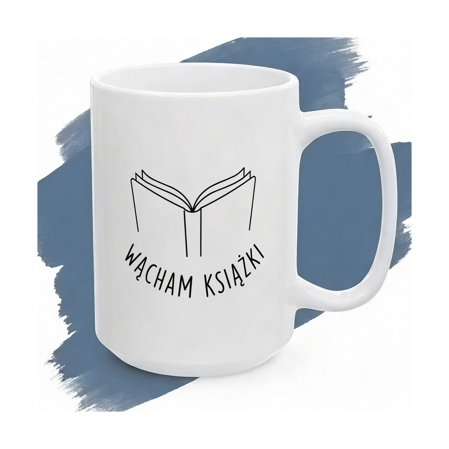 Biały kubek z nadrukiem „Czytam” i ironicznym tekstem dla czytelnika.