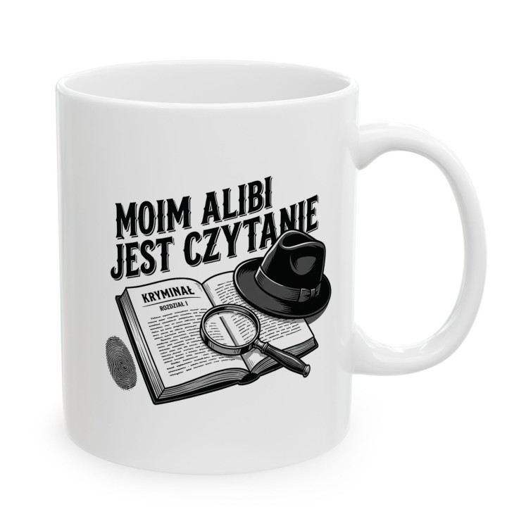 Kubek z nadrukiem „Moim alibi jest czytanie” dla fanów kryminałów | Wręcz Wspaniale