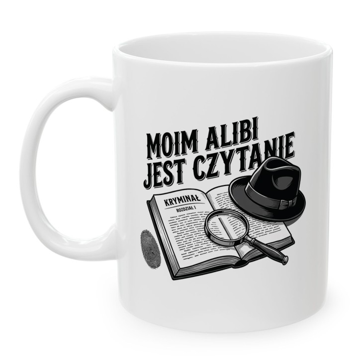 Kubek z nadrukiem „Moim alibi jest czytanie” dla fanów kryminałów | Wręcz Wspaniale