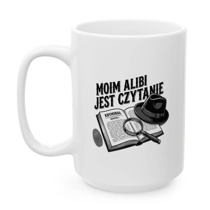 Kubek z nadrukiem „Moim alibi jest czytanie” dla fanów kryminałów | Wręcz Wspaniale