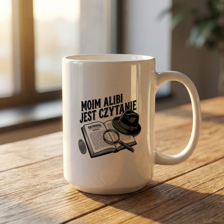 Kubek z nadrukiem „Moim alibi jest czytanie” dla fanów kryminałów | Wręcz Wspaniale