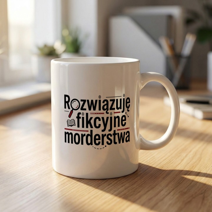 Kubek dla czytelnika z napisem „Rozwiązuję fikcyjne morderstwa” i motywem lupy.