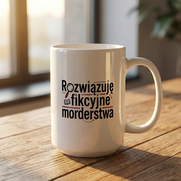 Biały kubek z czarno-czerwonym nadrukiem dla fana kryminałów i fikcyjnych śledztw.
