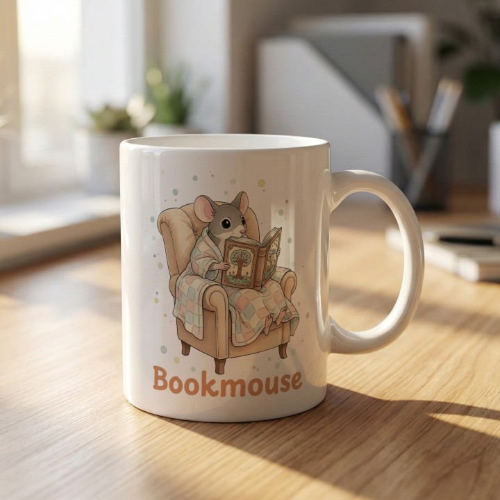 Kubek z nadrukiem „Bookmouse” z myszką dla czytelnika | Wręcz Wspaniale