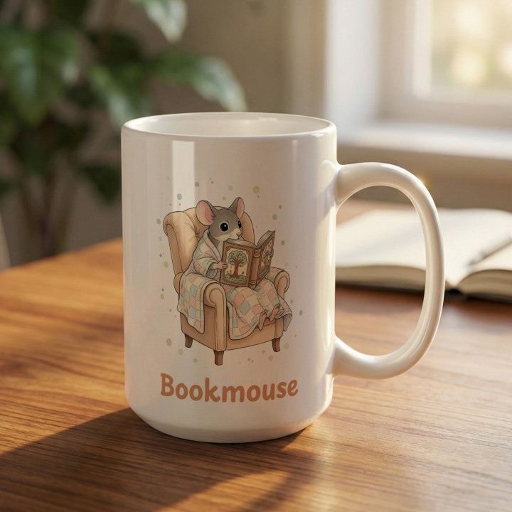 Kubek z nadrukiem „Bookmouse” z myszką dla czytelnika | Wręcz Wspaniale