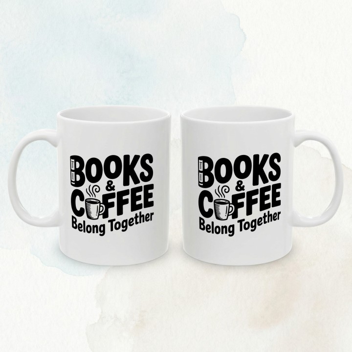 Kubek z czarno-białym napisem Books & Coffee oraz ikoną książki i filiżanki.