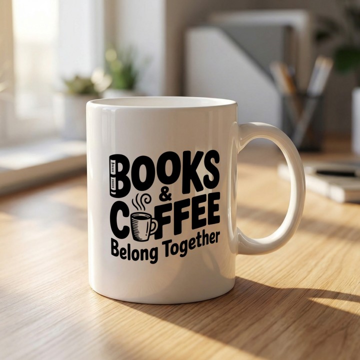Biały kubek z napisem „Books & Coffee” dla fana książek i kawowych przerw.