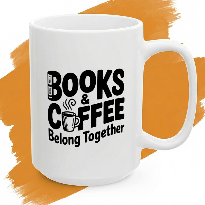Biały kubek z nadrukiem „Books & Coffee Belong Together” dla miłośnika książek i kawy.