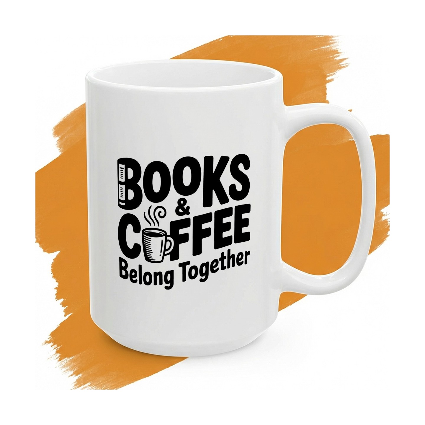 Biały kubek z nadrukiem „Books & Coffee Belong Together” dla miłośnika książek i kawy.