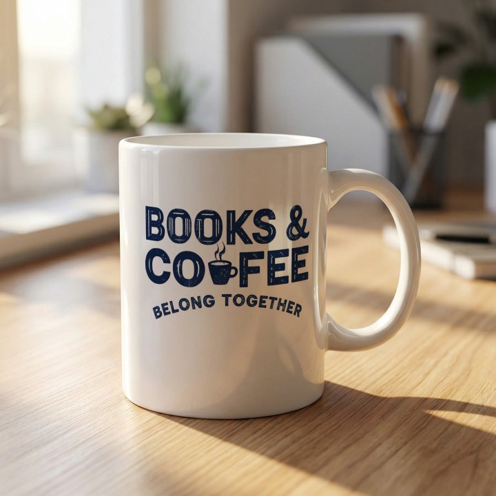 Kubek z napisem „Books & Coffee” dla czytelnika, który lubi kawę przy lekturze.