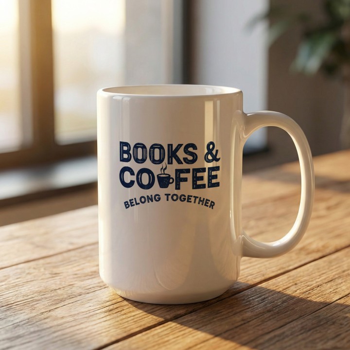 Kubek z vintage nadrukiem Books & Coffee dla fana książek i spokojnych chwil z kawą.