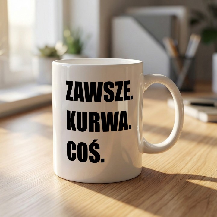Kubek z mocnym hasłem „Zawsze. Kurwa. Coś.” dla osób z sarkastycznym humorem.