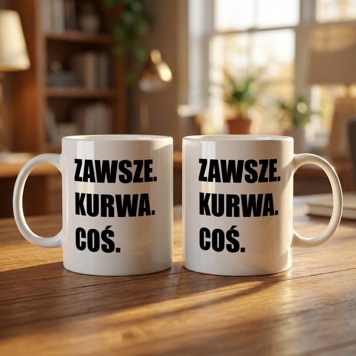 Kubek z napisem dla ludzi z dystansem, którym rzeczywistość ciągle dorzuca nowe problemy.