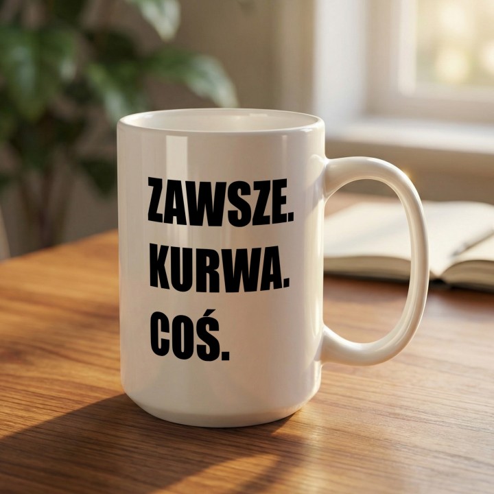 Biały kubek z minimalistycznym czarnym nadrukiem i wulgarnym tekstem o codziennym chaosie.