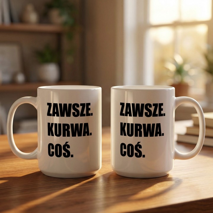 Śmieszny kubek z ostrym tekstem „Zawsze. Kurwa. Coś.” na gorszy dzień.