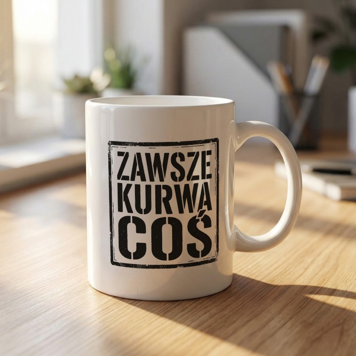 Kubek z mocnym napisem „Zawsze. Kurwa. Coś.” w ramce przypominającej pieczątkę.