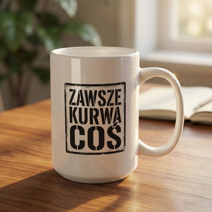Biały kubek z sarkastycznym tekstem o codziennym chaosie i czarną typografią.
