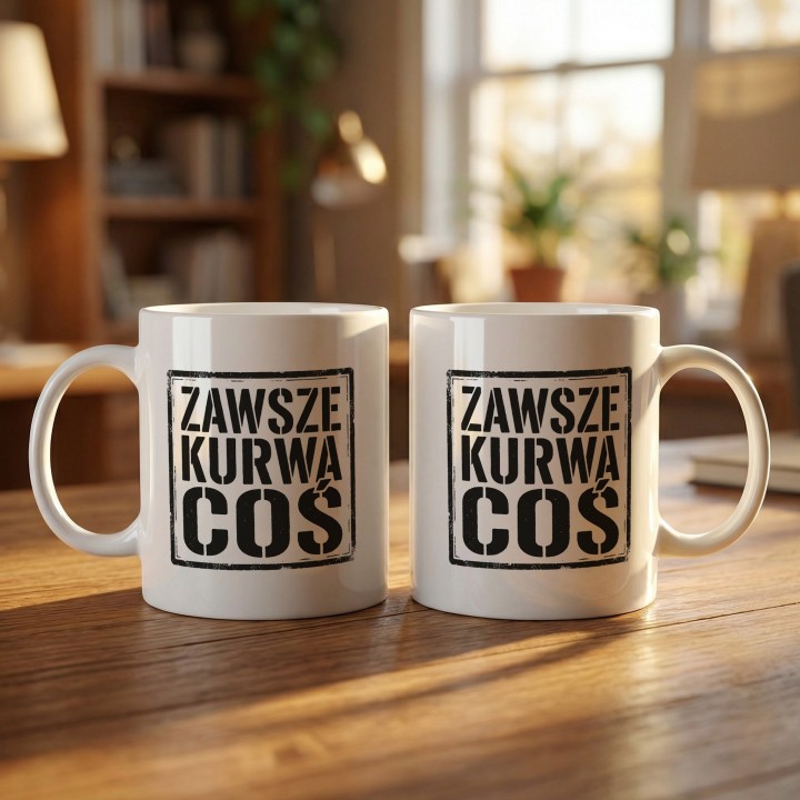 Śmieszny kubek z napisem „Zawsze. Kurwa. Coś.” w surowym, stemplowym stylu.