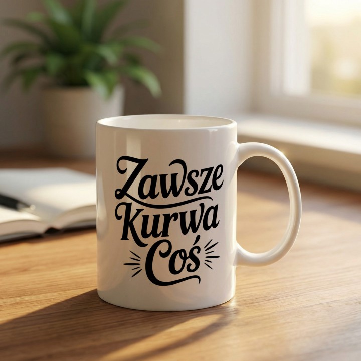Kubek z mocnym tekstem „Zawsze Kurwa Coś” w eleganckiej typografii.
