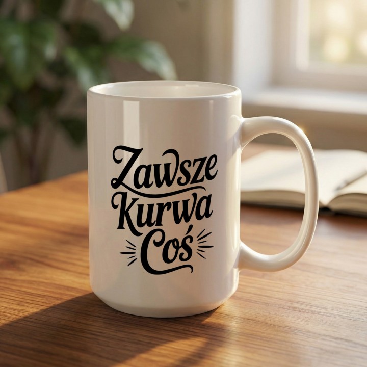 Biały kubek z sarkastycznym nadrukiem dla ludzi z dystansem do chaosu dnia.