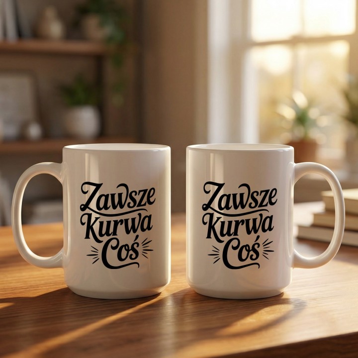 Śmieszny kubek z czarnym napisem „Zawsze Kurwa Coś” dla osoby z mocnym humorem.