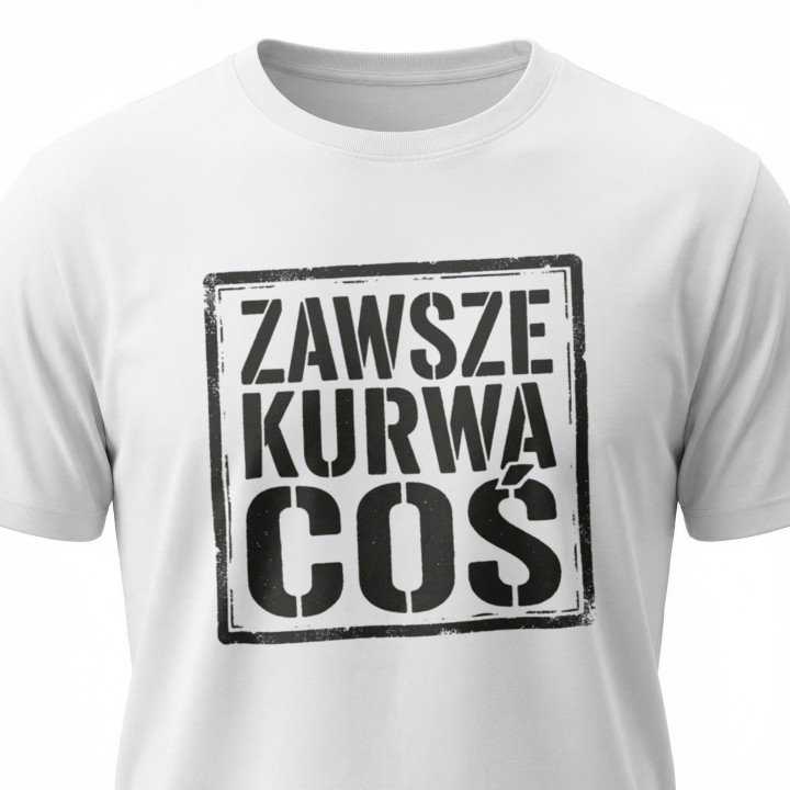 Zbliżenie na grunge'owy, przetarty nadruk w stylu szablonowym na bawełnianej męskiej koszulce.