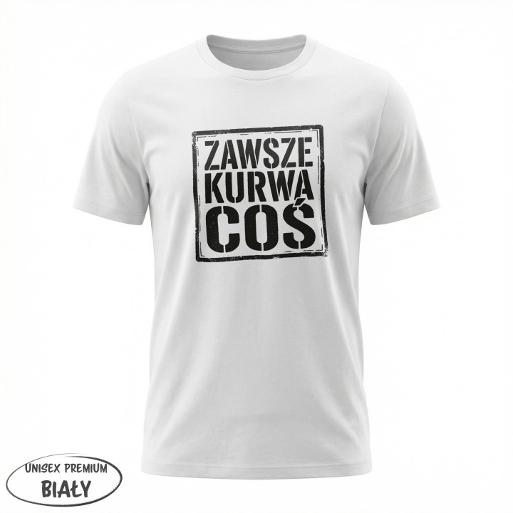 T-shirt męski biały z zabawnym, surowym hasłem życiowym w czarnej ramce na klatce piersiowej.