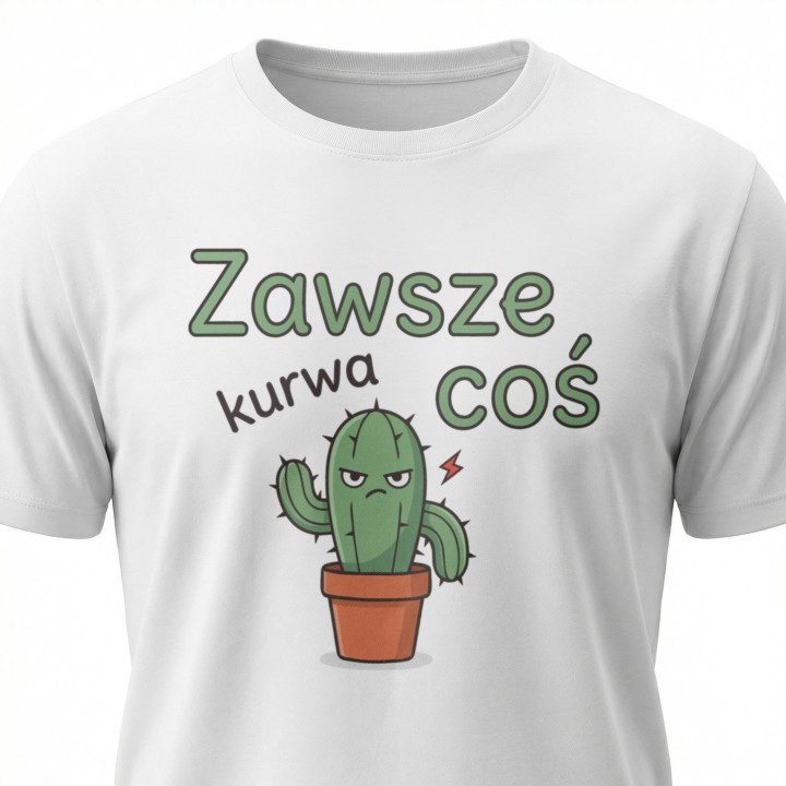 Zbliżenie na kolorowy, elastyczny nadruk z wkurzonym kaktusem na bawełnianej białej koszulce.