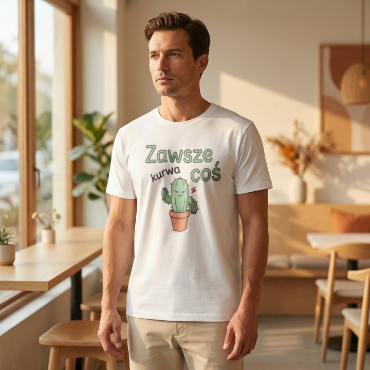 Mężczyzna w klasycznym białym t-shircie z kłującym zielonym kaktusem i tekstem o codziennych wyzwaniach.