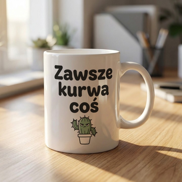 Śmieszny kubek biurowy z ironicznym polskim hasłem i małym zielonym kaktusem