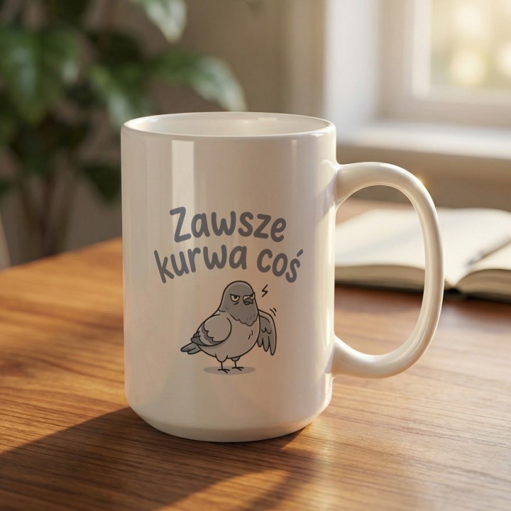 Śmieszny kubek z mocnym napisem dla osób zmęczonych codziennym chaosem.