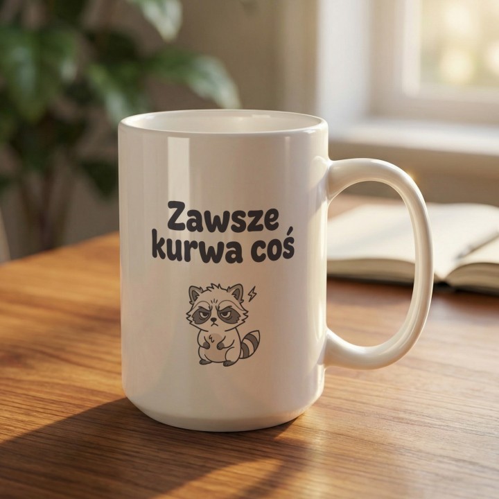 Śmieszny kubek z mocnym napisem dla osób zmęczonych codziennym chaosem.
