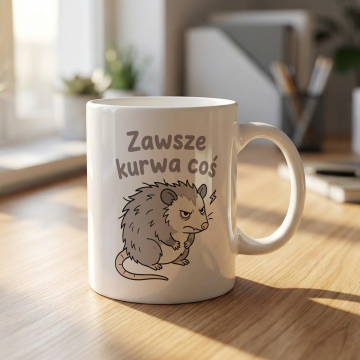 Kubek z sarkastycznym tekstem oraz ilustracją naburmuszonego oposa.