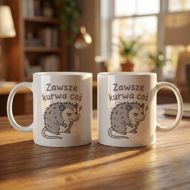 Kubek z nadrukiem „Zawsze kurwa coś” z oposem | Wręcz Wspaniale