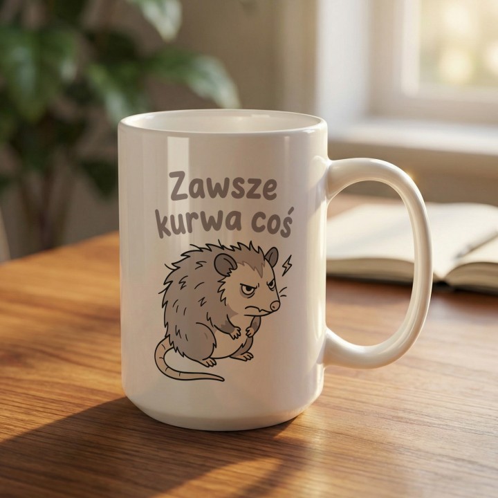 Śmieszny kubek z mocnym napisem dla osób zmęczonych codziennymi komplikacjami.