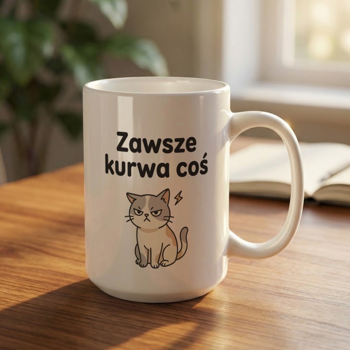 Śmieszny kubek z mocnym napisem dla osób zmęczonych codziennym chaosem.