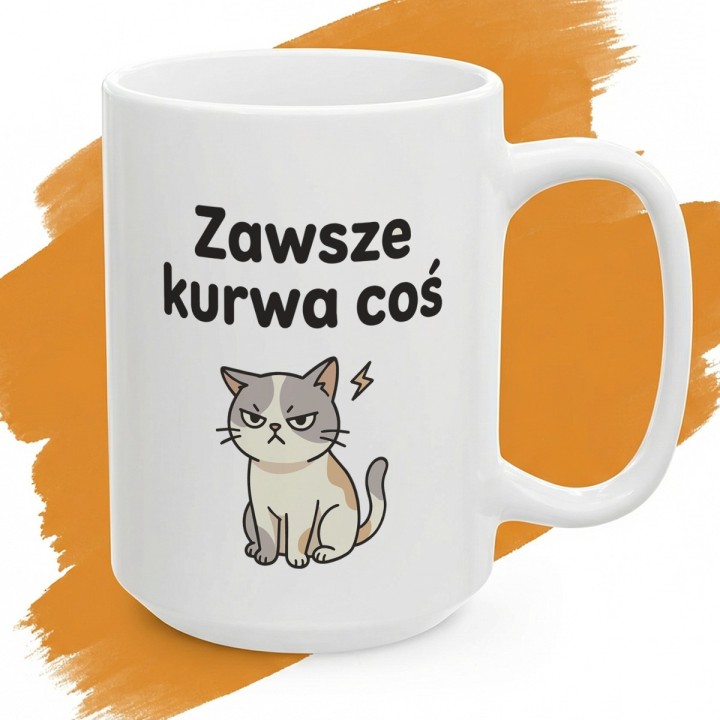 Biały kubek z napisem „Zawsze kurwa coś” i wkurzonym kotem.